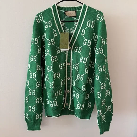 NWT Gucci Logo Intarsia Monogrammed Cardigan Sz M Green GG - Picture 3 of 8